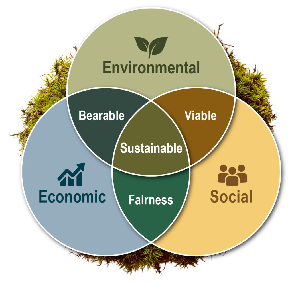 The three pillars of Life Cycle Assessment (LCA). Environmental, Economic, and Social impacts.