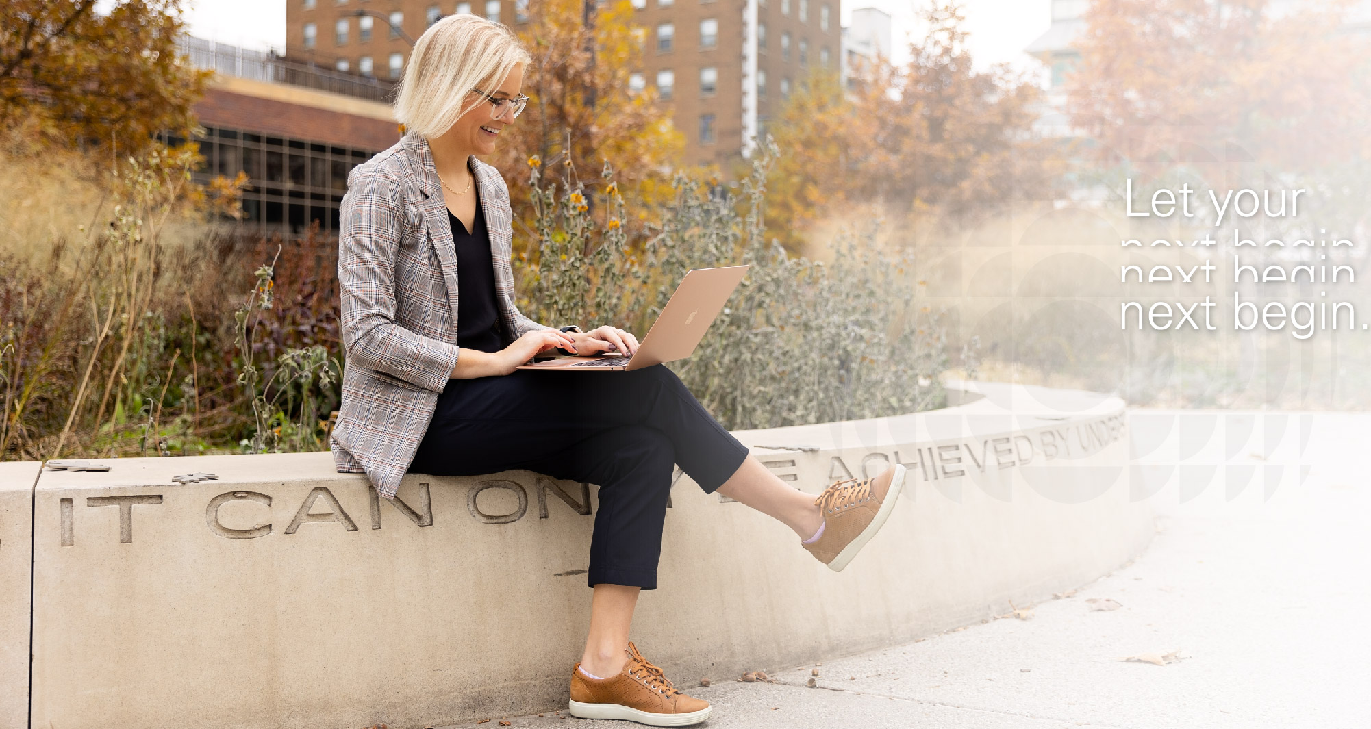 Smiling adult student looking at a laptop computer in an outdoor public space with text reading getting you ready for your next next