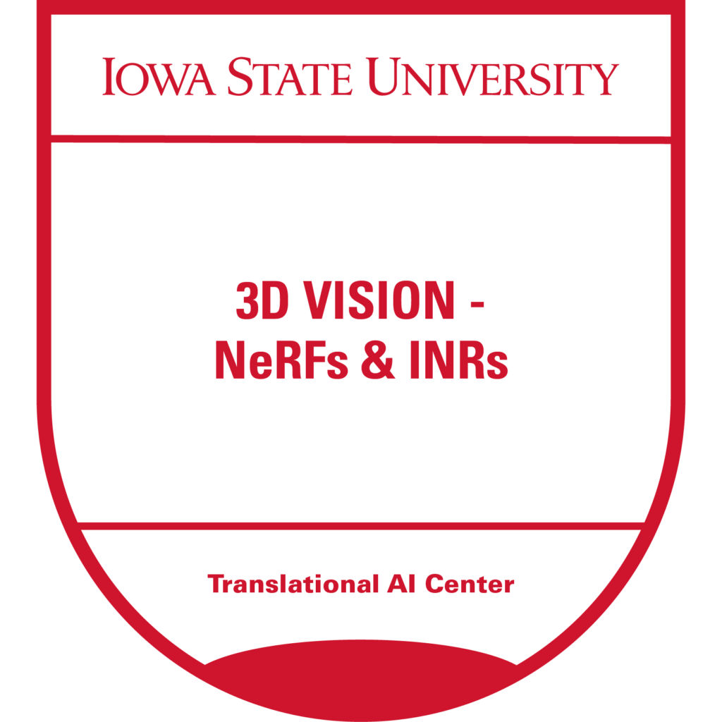 A red Micro-Credential badge for "3D Vision - NeRFs & INRs" offered by Iowa State University's Translational AI Center.